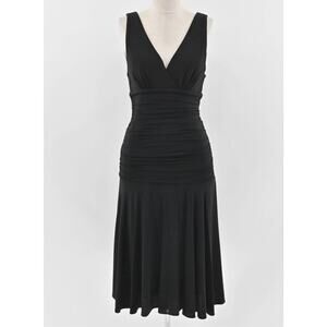 BCBG Gathered Drop Waist Ruched V-Neck Dress Large Black LBD Elegant Classic